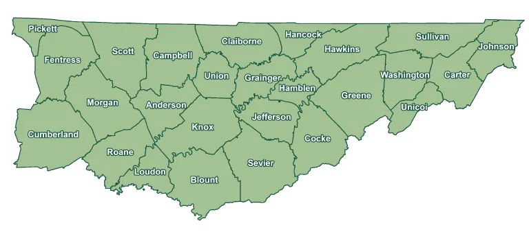 A map of the HBG counties in green with white text