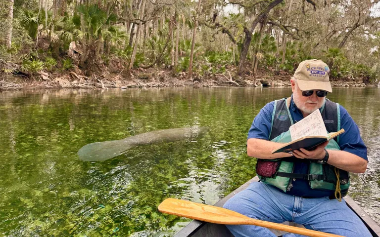 Wayne reviewing his notes while manatees float below. 
