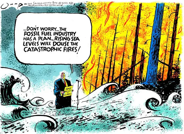 rising seas dousing wildfires cartoon