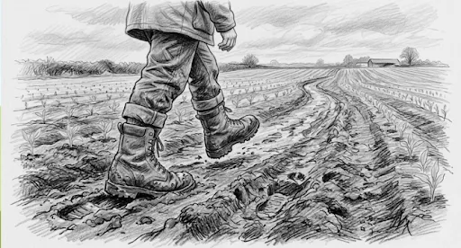 Farmer walking in a dry field
