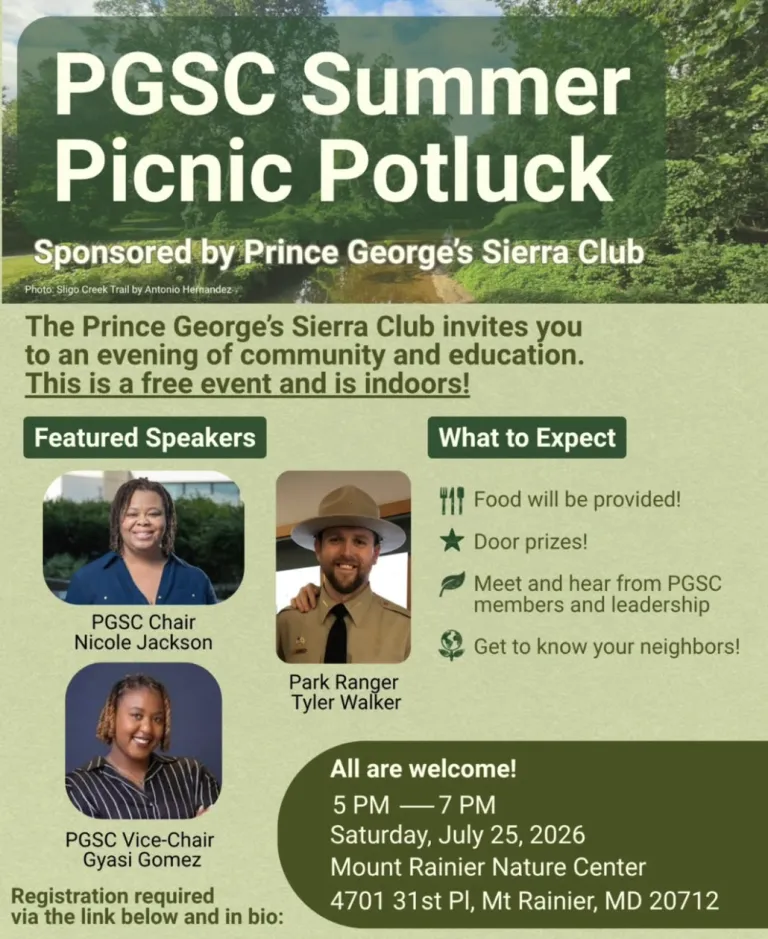 flyer promoting the PGSC Summer Picnic Potluck on Saturday July 25, 2026, from 5pm to 7pm. Mount Rainier Nature Center, 4701 31st Pl, Mt Rainier, MD 20712, USA