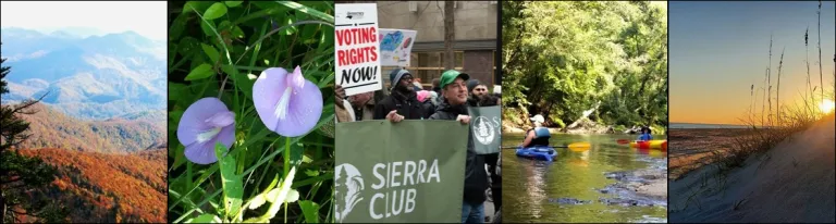 Five images showing NC landscapes and activities involving NC Sierra Club members
