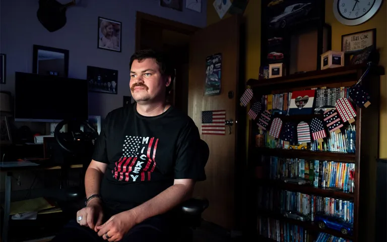 Jordan DeMi hangs out in his game room at home in Berwick, Pa. on Sept. 15, 2026.