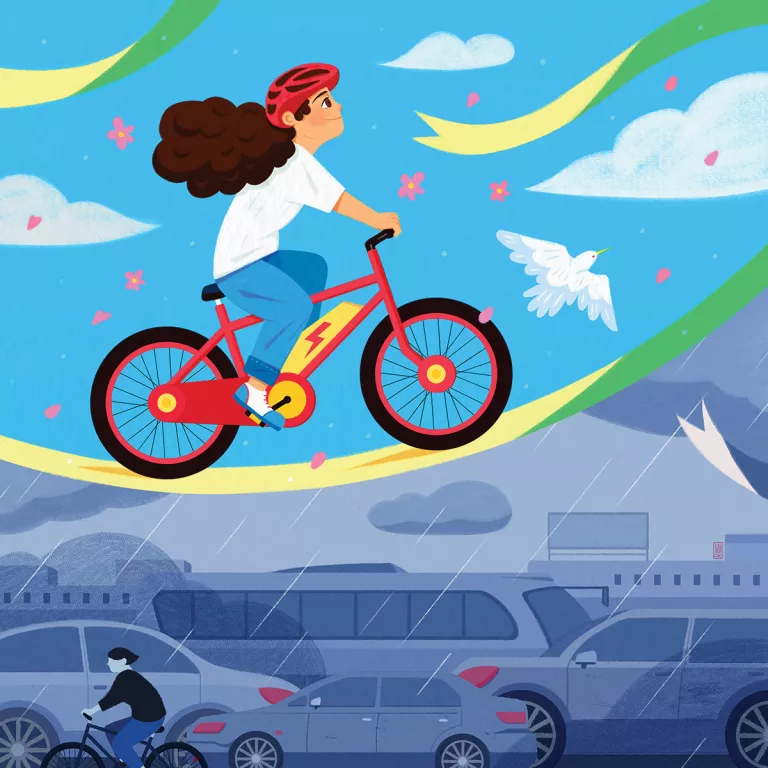 Illustration shows a bicyclist riding with blue sky and a bird, and underneath a bicyclist riding in traffic with gray sky.