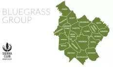 Upper left corner has thin black text reading Bluegrass Group.  Lower left corner has a black Sierra Club Kentucky logo.  The right side of the image is a green map showing all the counties that make up the Bluegrass Group. 
