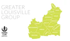 Upper left corner has thin black text reading Greater Louisville Group.  Lower left corner has a black Sierra Club Kentucky logo.  The right side of the image is a bright green map showing all the counties that make up the Greater Louisville Group. 