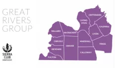 Upper left corner has thin black text reading Great Rivers Group.  Lower left corner has a black Sierra Club Kentucky logo.  The right side of the image is a purple map showing all the counties that make up the Great Rivers Group. 