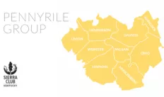 Upper left corner has thin black text reading Pennyrile Group.  Lower left corner has a black Sierra Club Kentucky logo.  The right side of the image is a yellow map showing all the counties that make up the Pennyrile Group. 