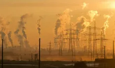 Electric towers and air pollution in yellow sky
