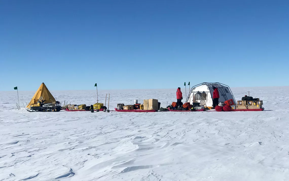 Photo by Rebecca Charles, NSF A small field camp located at the edge of Thwaites Glacier allowed GPS and seismic instruments to be serviced.