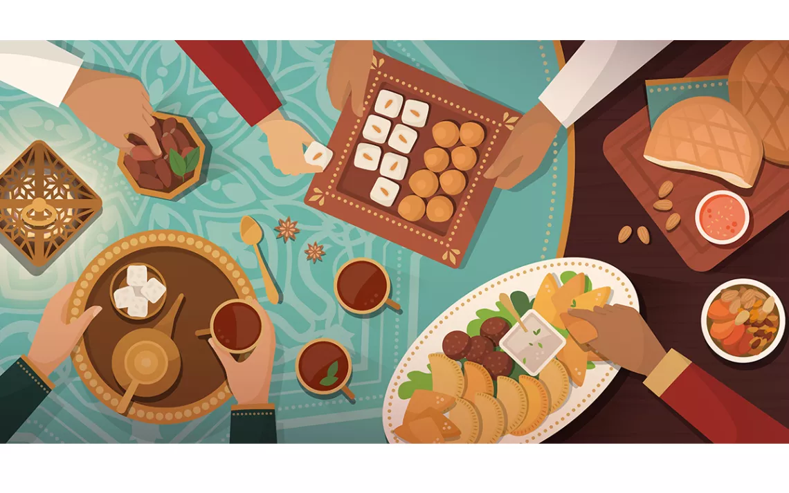 An aerial, illustrated view of hands reaching across a dinner table