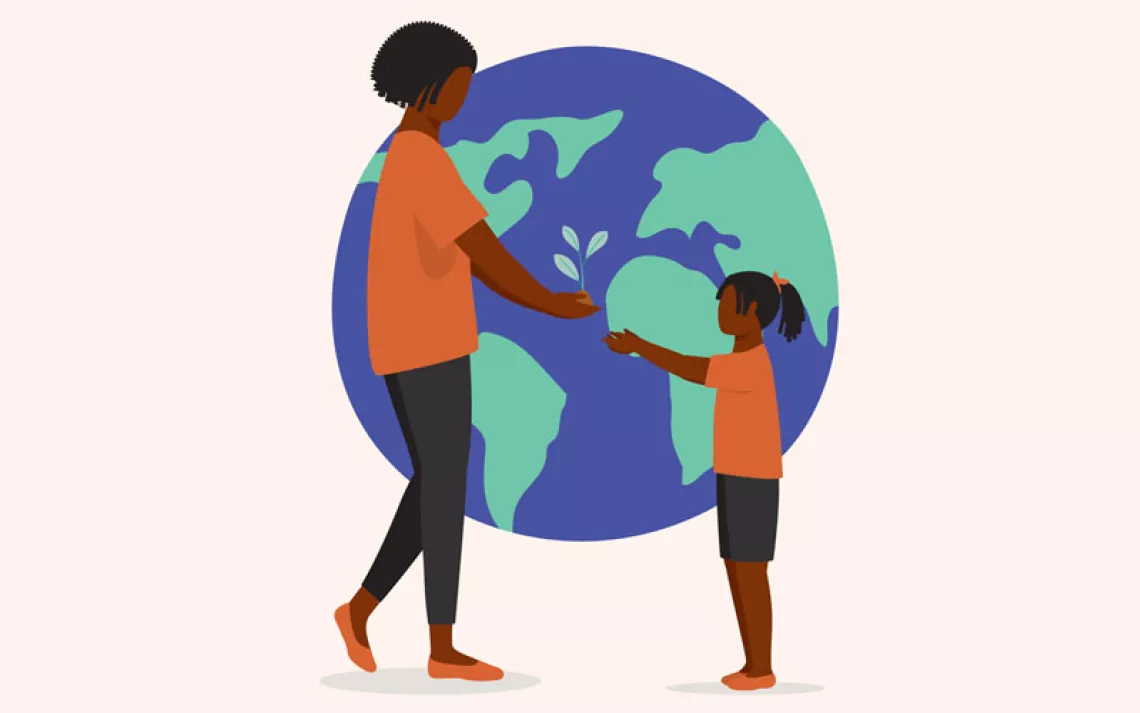 Illustration shows a woman handing a seedling to a young girl. Behind them is a large blue and green globe/Earth.