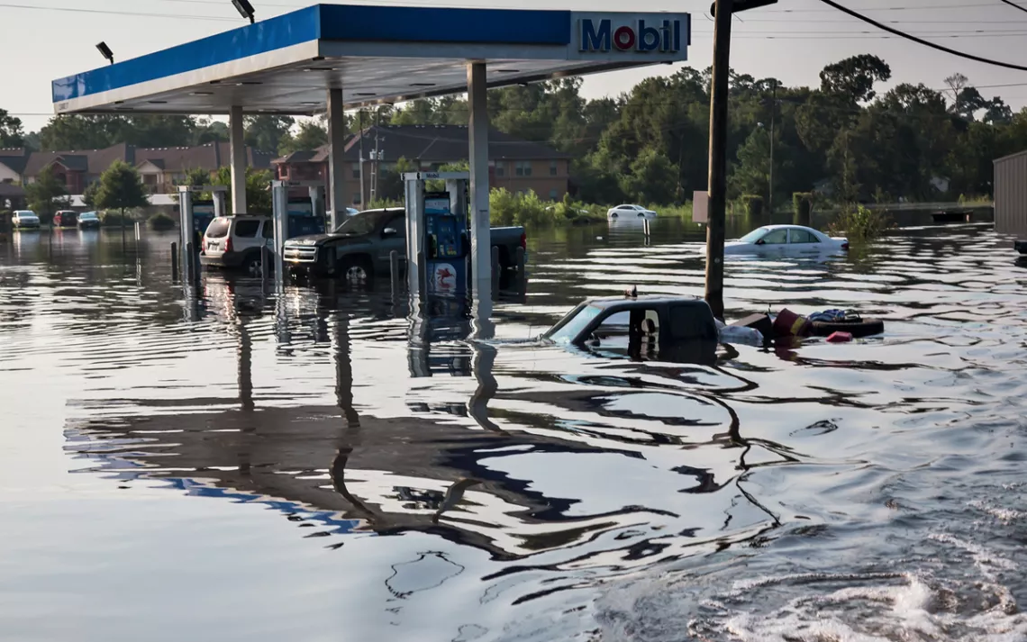 A flooded gas station in Texas after Hurricane Harvey