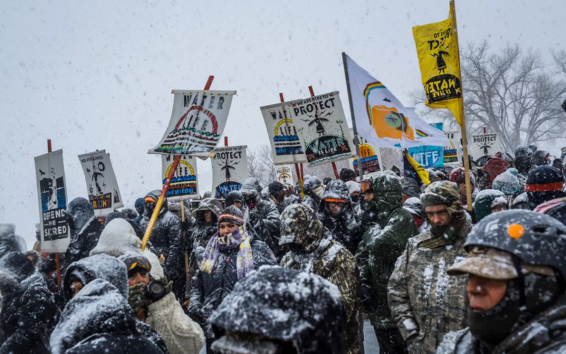 Snowy scene with demonstrations
