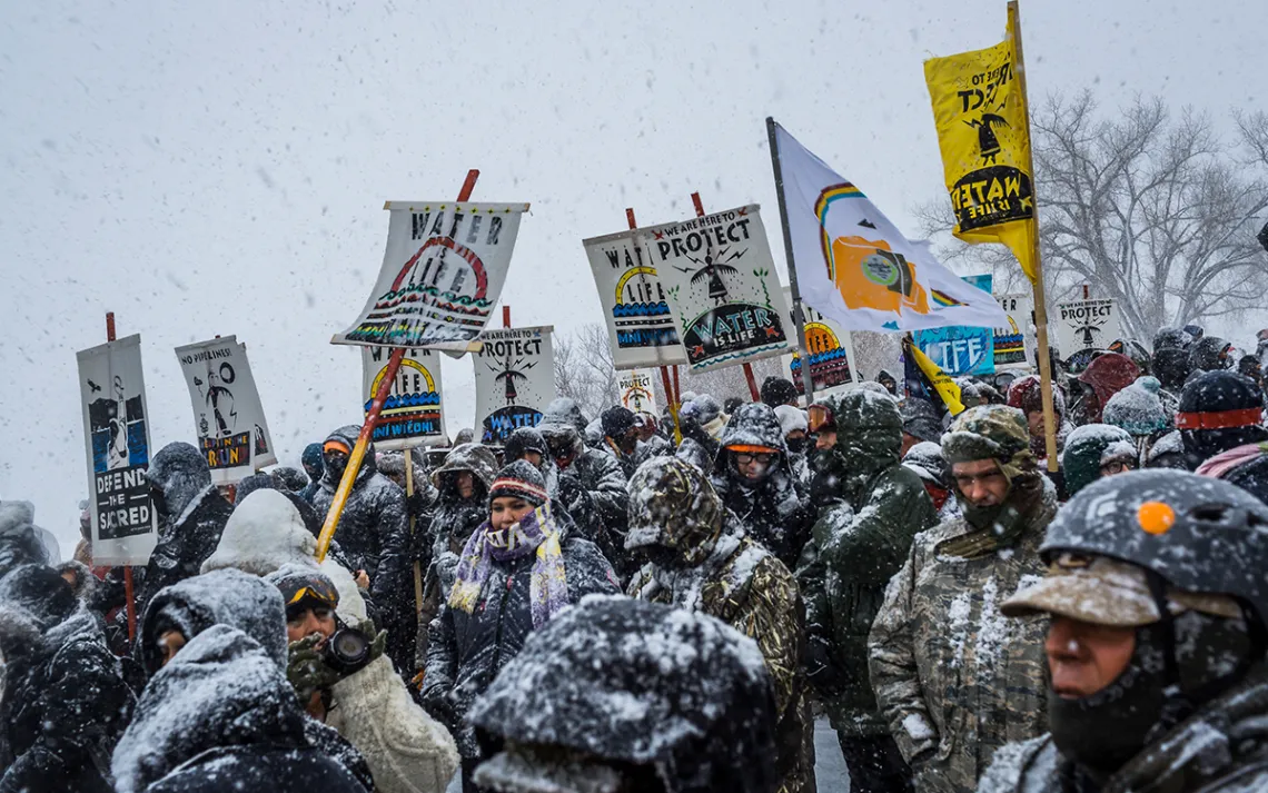 Snowy scene with demonstrations