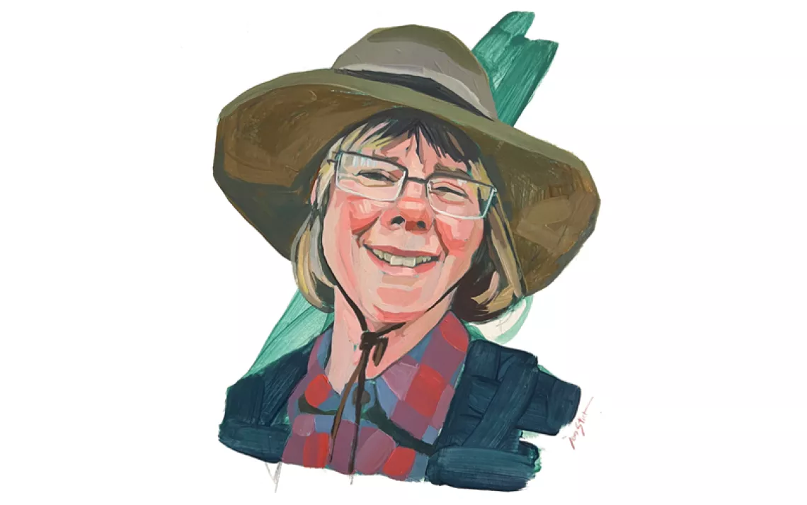 Illustration of Katherine Ray wearing a hat and smiling at the camera.