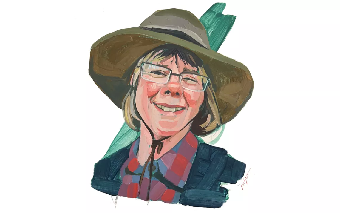 Illustration of Katherine Ray wearing a hat and smiling at the camera.