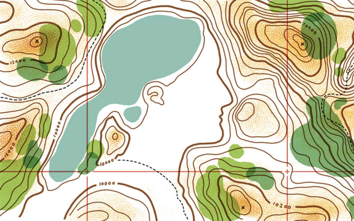 Illustration shows the profile of a woman among the geographic features of a map.