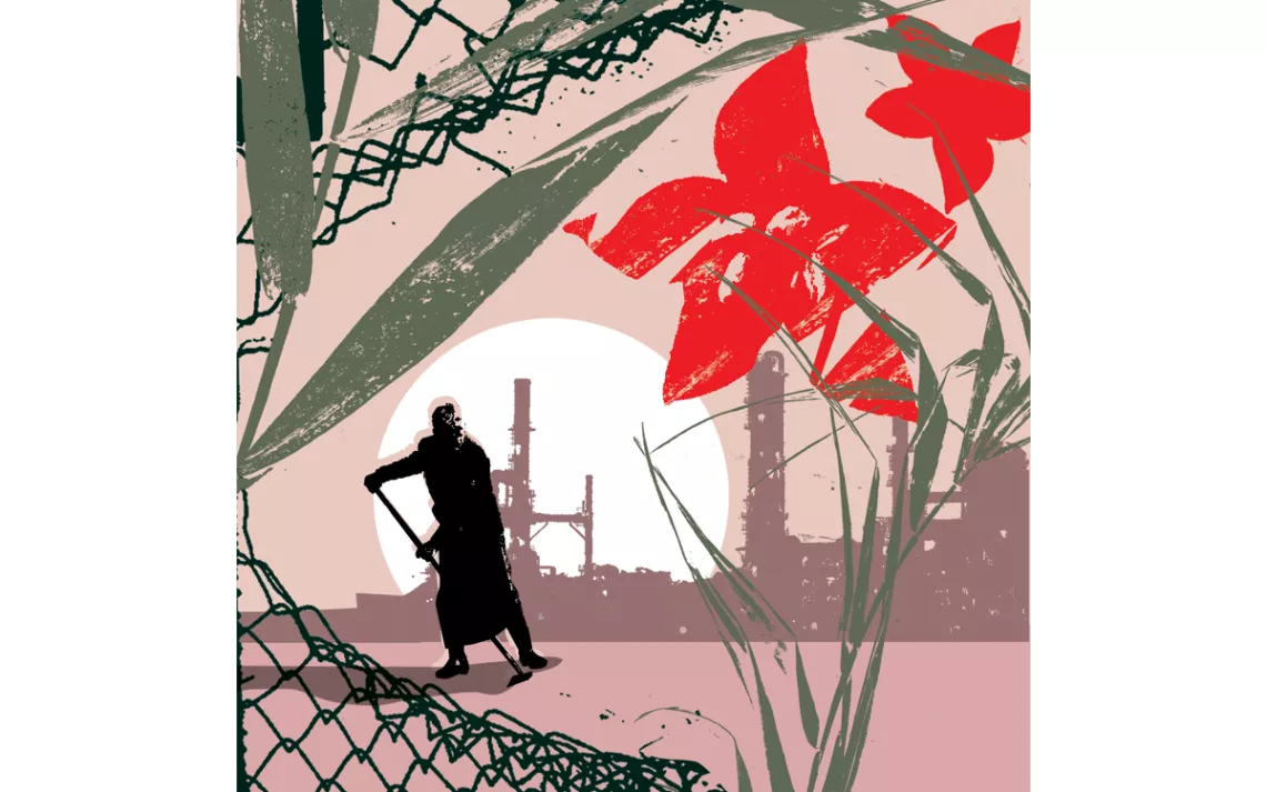 Illustration shows a hole in a chain-link fence, a large moon, a refinery, a flower, and a man sweeping.