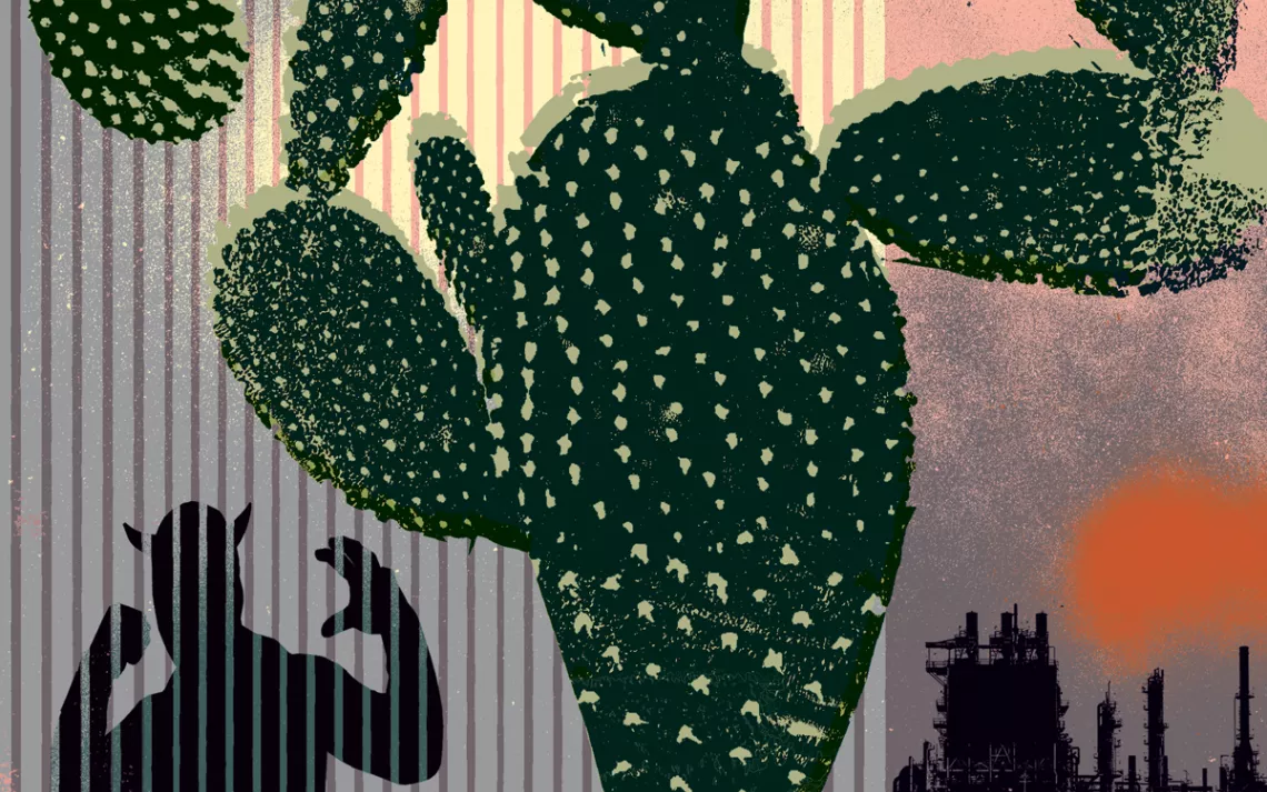 Illustration shows a large saguaro cactus with the shadow of a devil figure behind it plus a refinery and people standing nearby.