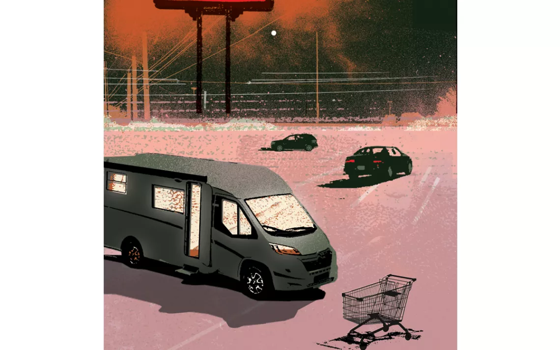 Illustration shows a parking lot at night with a van and two cars and a shopping cart spread out.