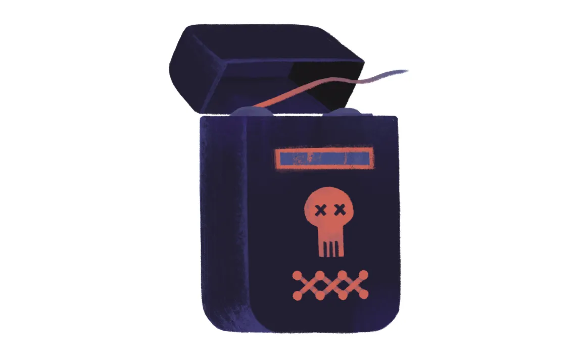 Illustration shows a black floss container with a poison symbol.