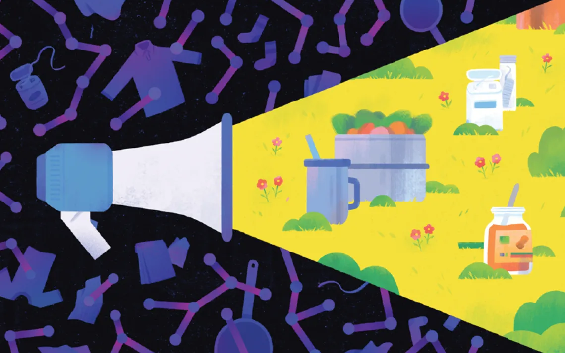 Illustration shows a megaphone and various food, clothes, and floss.