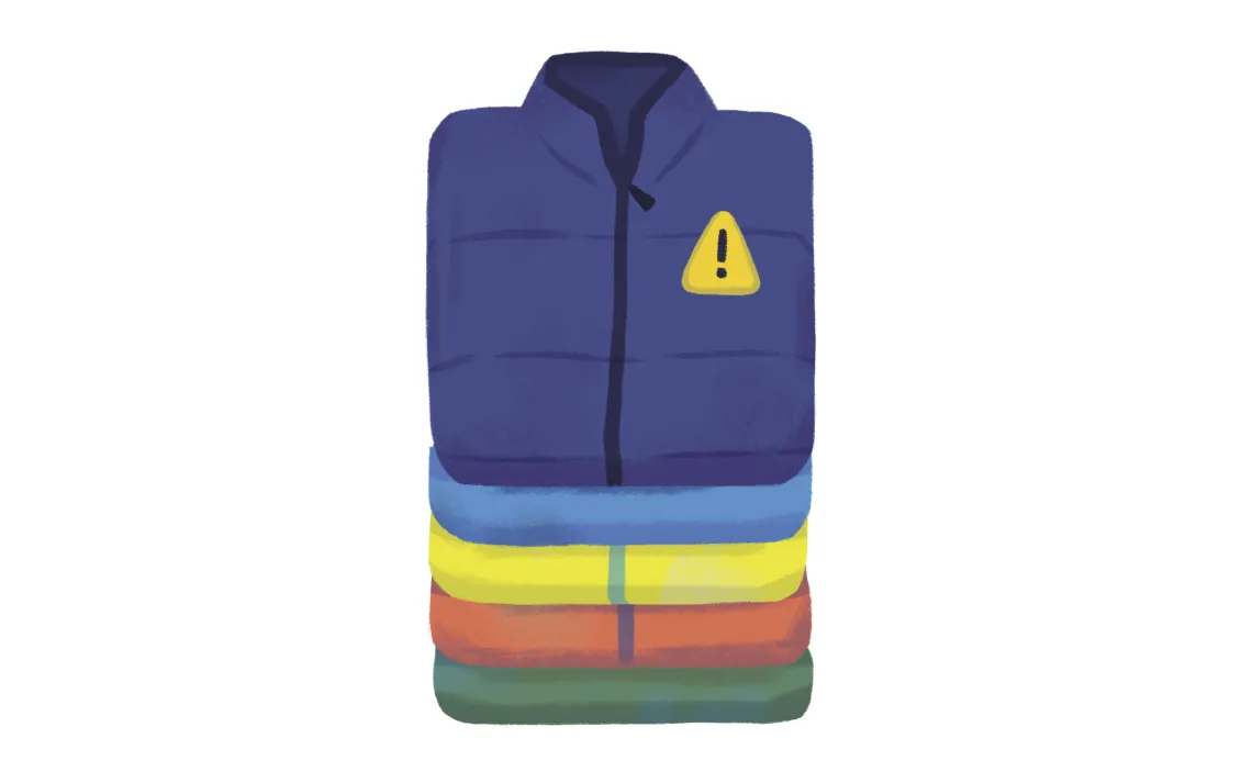 Illustration shows a stack of bright-colored shirts with a danger/exclamation point logo.