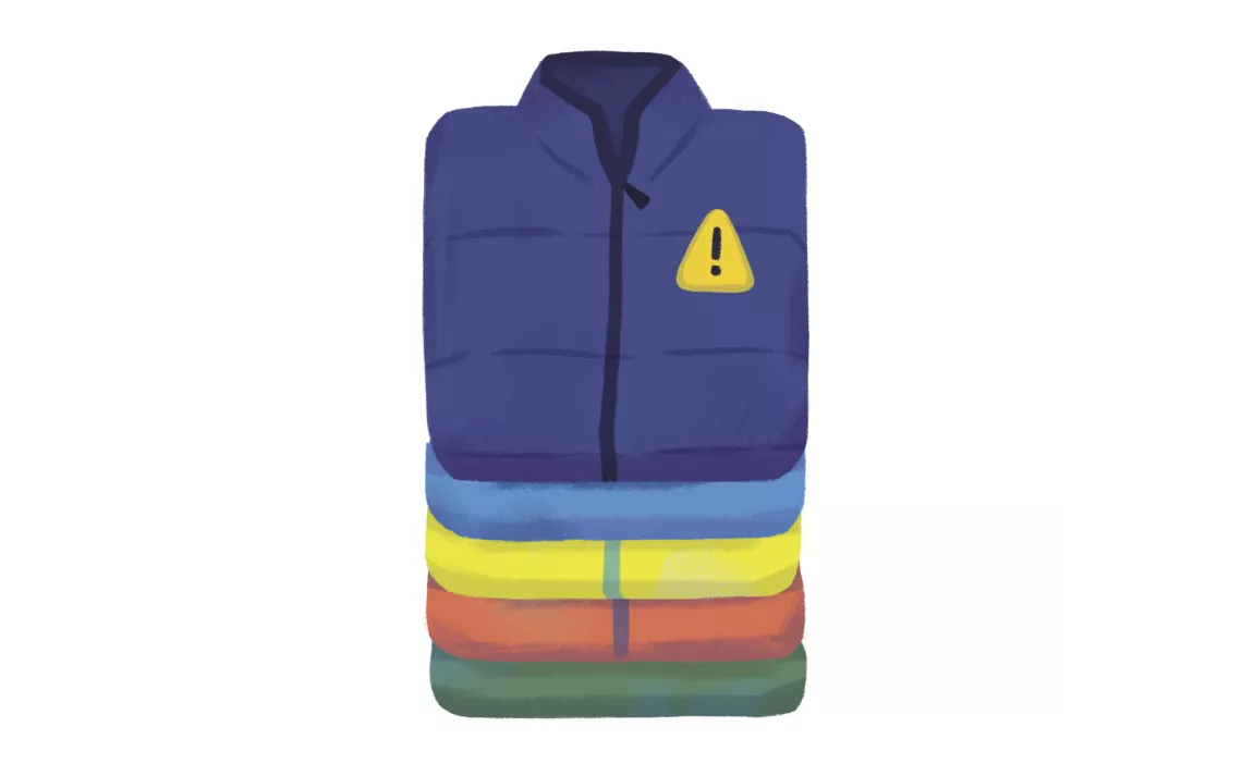 Illustration shows a stack of bright-colored shirts with a danger/exclamation point logo.