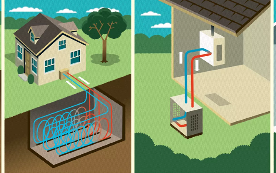 Illustrations show houses and heat pump systems.