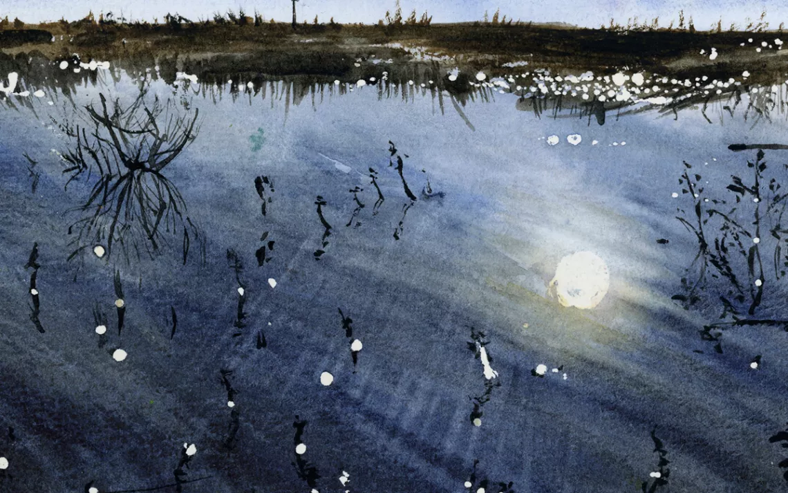 Watercolor of sunlight on water. Illustration by Kate Golden. 