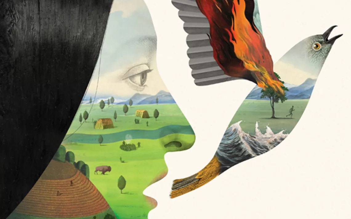Illustration shows the profile of a woman's face with a green field, a bison, and trees on it. Through her open mouth, a bird flies out with its wings on fire.