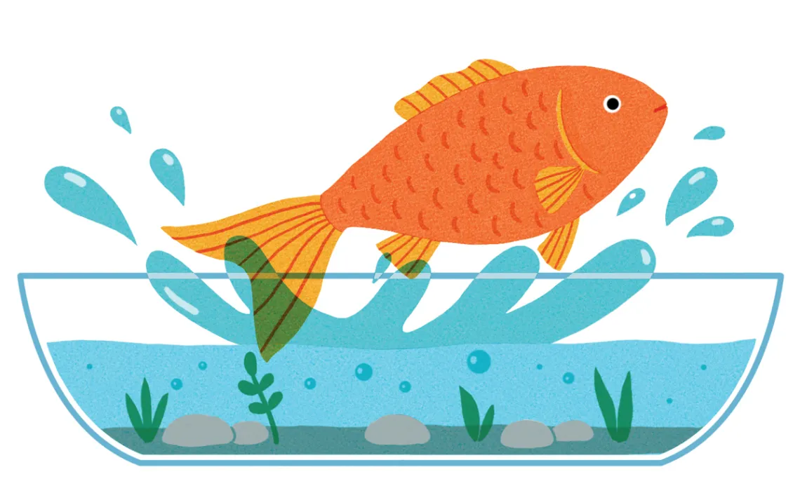 Illustration of a short fishbowl and a goldfish jumping out.