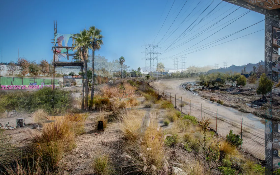 Photo collage shows the Bowtie Parcel, a dry landscape with a concrete path/channel and slow trickle of the LA River, graffiti on a concrete wall, palm trees, and electrical lines.