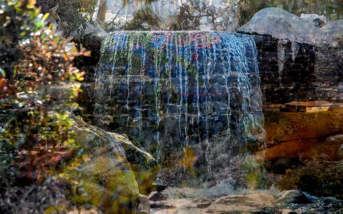 Photo collage shows Kenneth Hahn Park with trees and a waterfall and creek running over rocks, with a cityscape in the background.