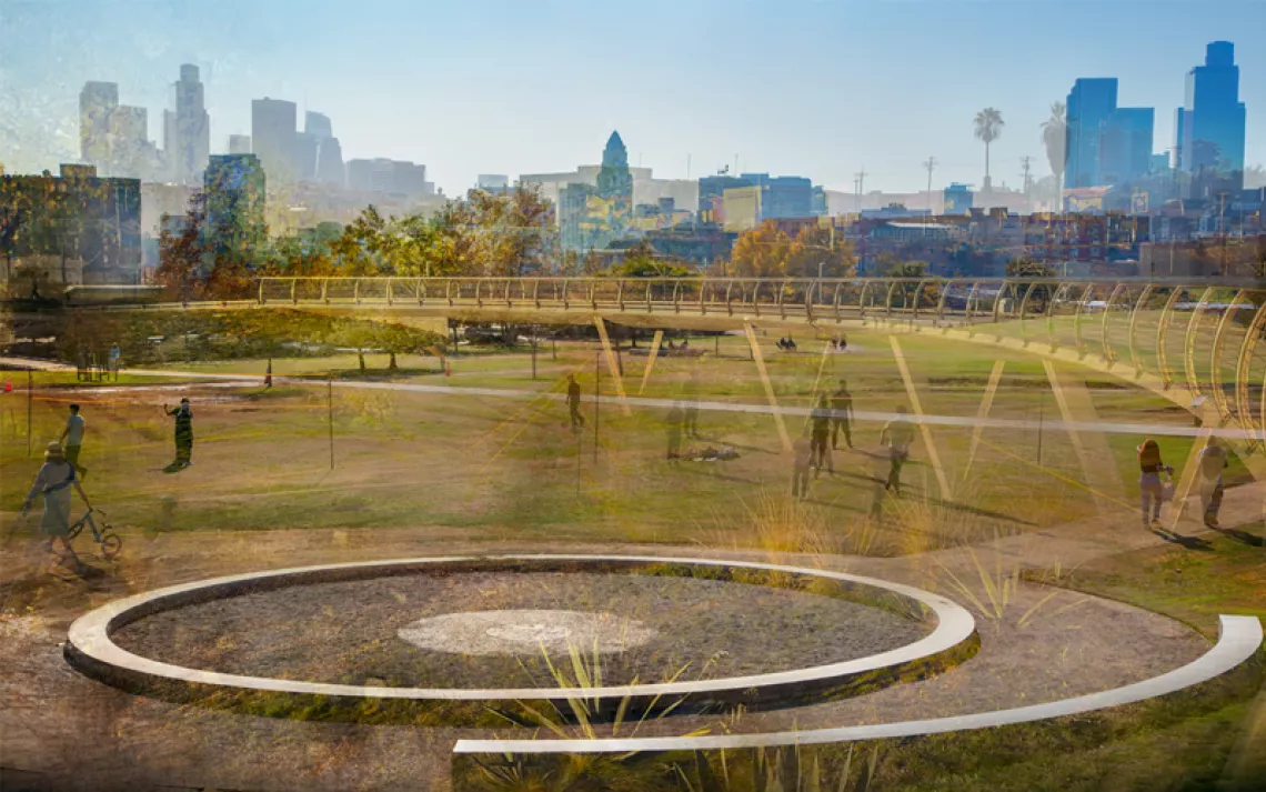 Photo collage shows LA State Historic Park with a large grassy area, a pedestrian bridge, and people doing various activities, with downtown skyscrapers in the background.