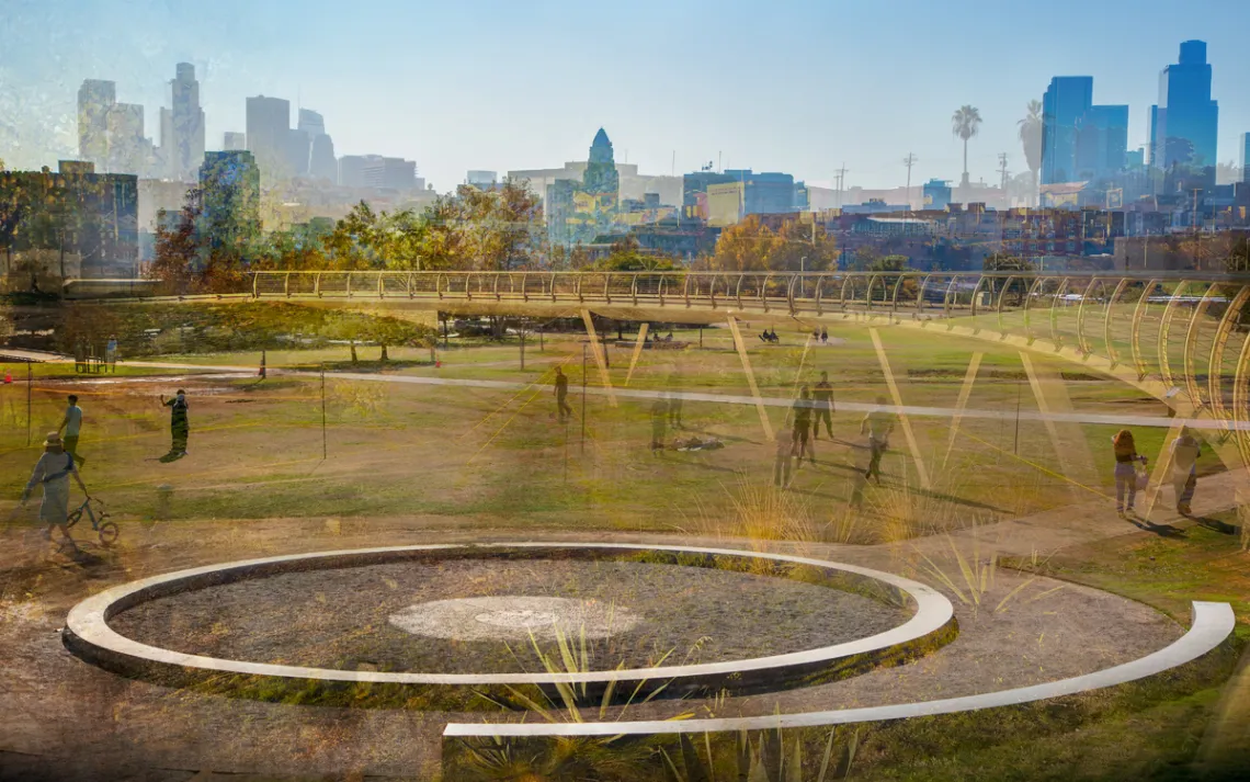 Photo collage shows LA State Historic Park with a large grassy area, a pedestrian bridge, and people doing various activities, with downtown skyscrapers in the background.