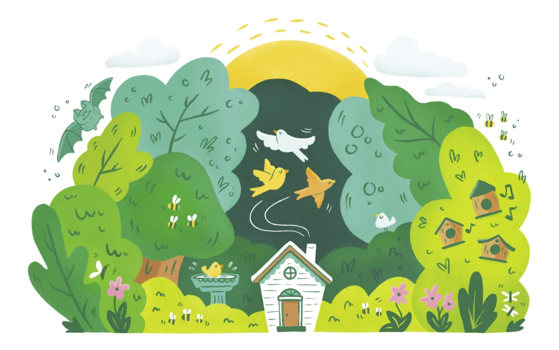 Cartoon illustration shows a sun behind a house and trees, birds, bees, and a bat.