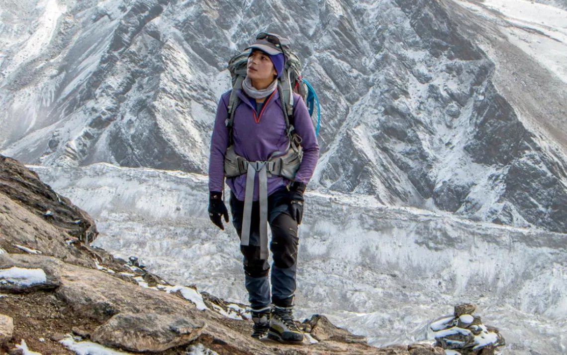 Shogufa Bayat on a trail near the summit of Gokyo Ri