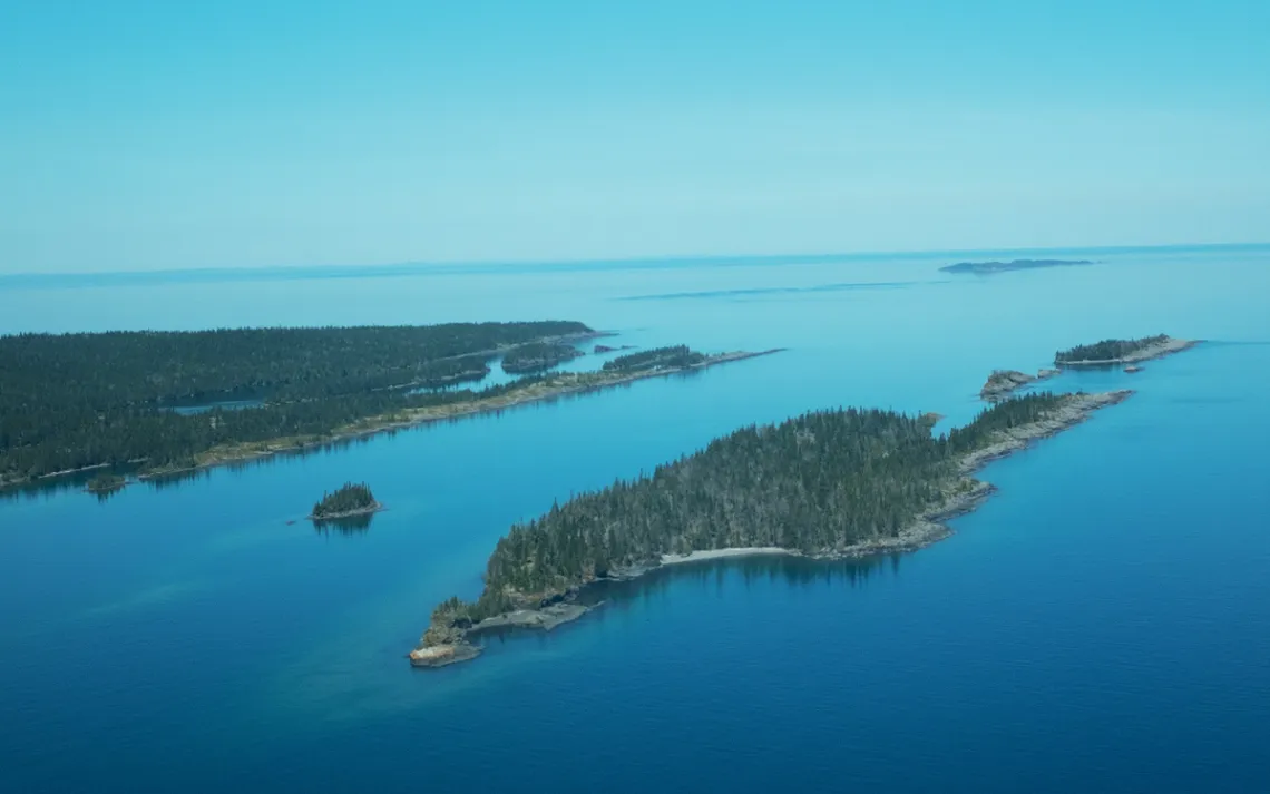 An aerial view of Isle Royale's rockbound northeastern tip and surrounding islands in Lake Superior.