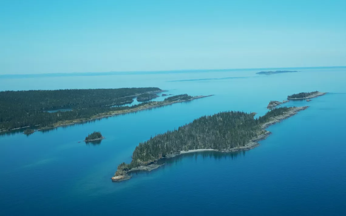 An aerial view of Isle Royale's rockbound northeastern tip and surrounding islands in Lake Superior.