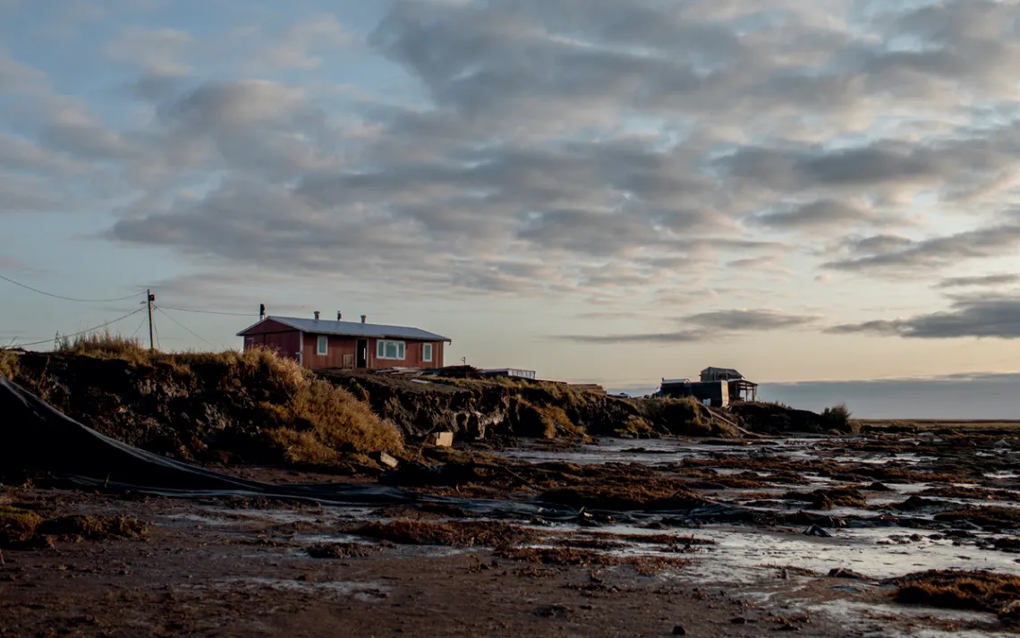 The coastline of Newtok, Alaska. Because of erosion, it has crept steadily in toward the homes in the village.