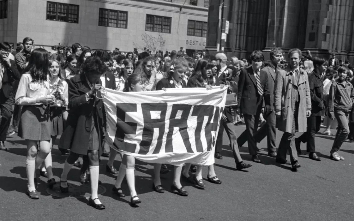 Students march on the first Earth Day in 1970. 