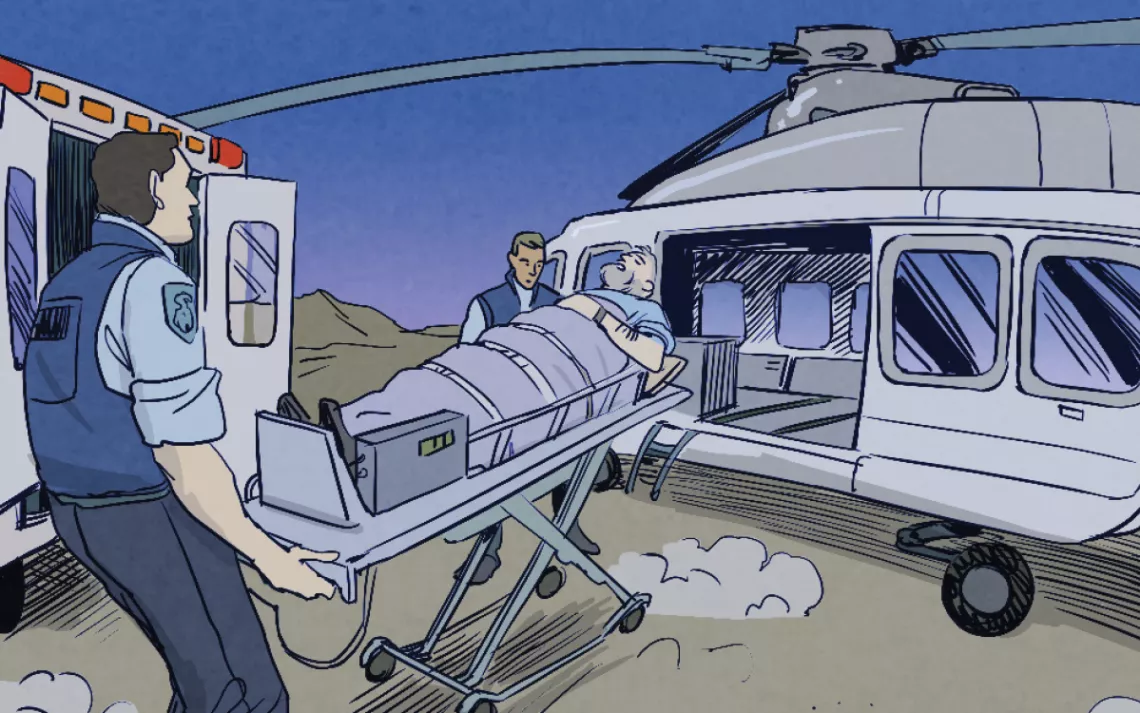 A man has a heart attack in the desert. What happens next?