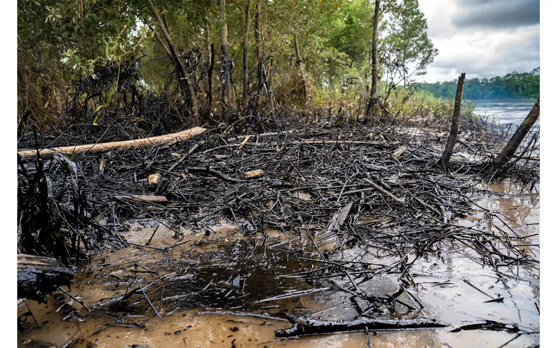 Crude oil on the banks of the river near the city of Coca, northern Ecuadorian Amazon, April 10, 2020. 