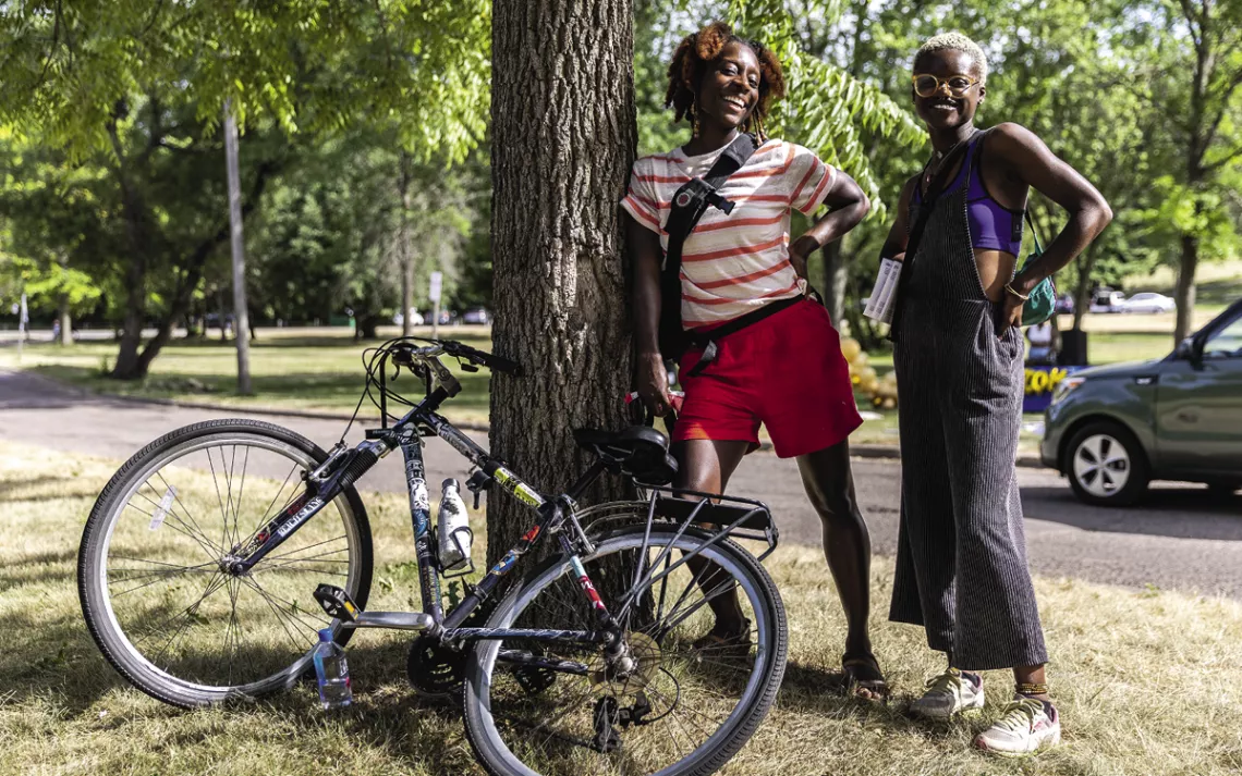 Alanna Morris Van-Tassel (left) and Ashe Jaafaru before the Juneteenth Blackout Bike Ride