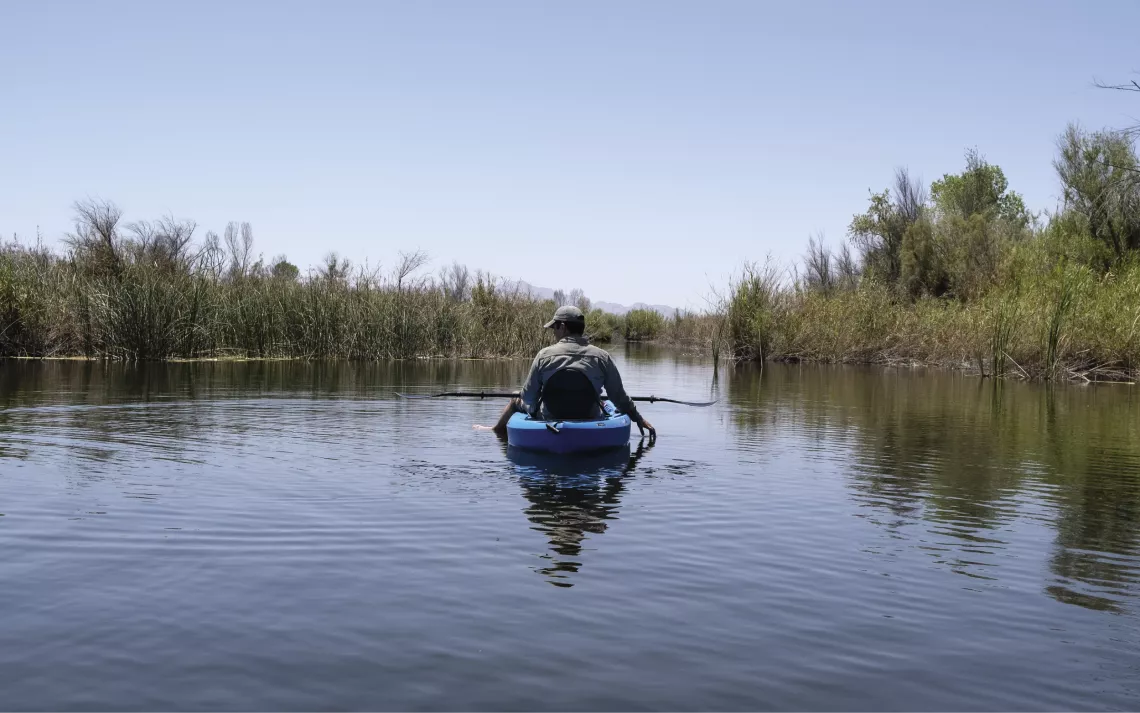 A hydrology specialist with the Sonoran Institute paddles in Laguna Grande.