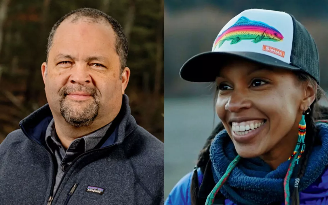 (left): Portrait of Ben Jealous, wearing a dark fleece jacket with woods in the background. (right): Chris Hill wears a baseball cap and smiles, looking off to the right.
