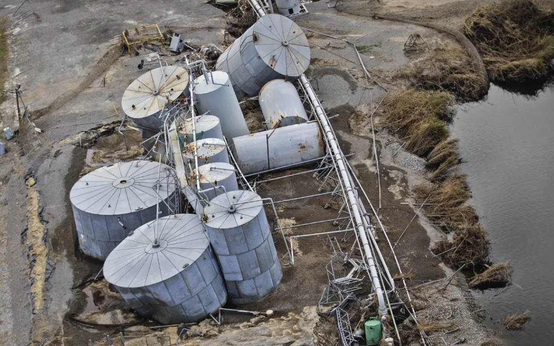 An oil and gas facility in Cameron Parish was one of many that sustained serious damage from Hurricane Laura.