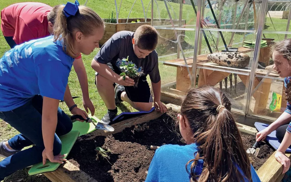 Sixth-grade students plant strawberries in the garden at Pikeville Elementary School in Kentucky.&nbsp;